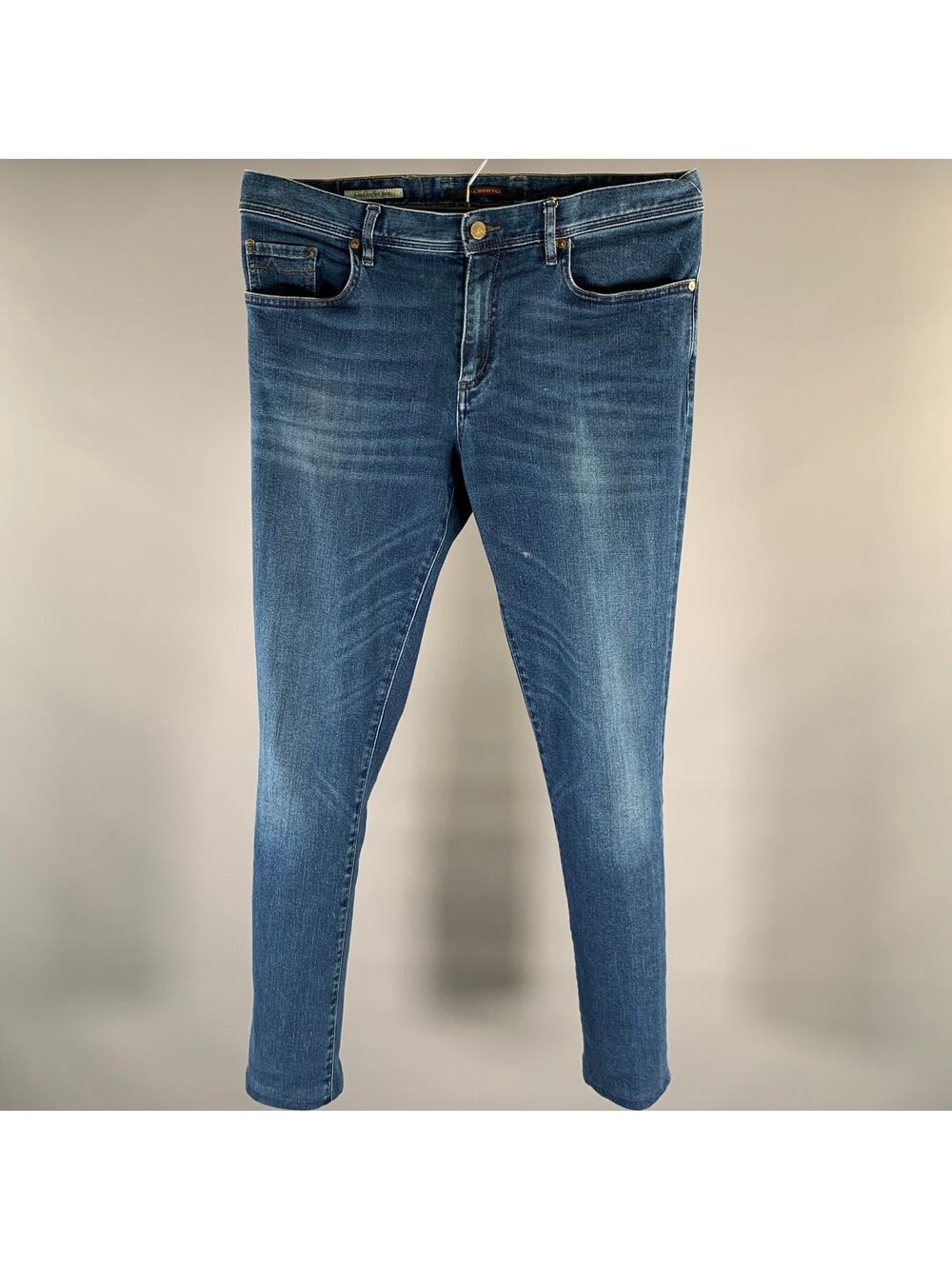 ALBERTO Size 34 Indigo Solid Cotton Blend Skinny Jeans